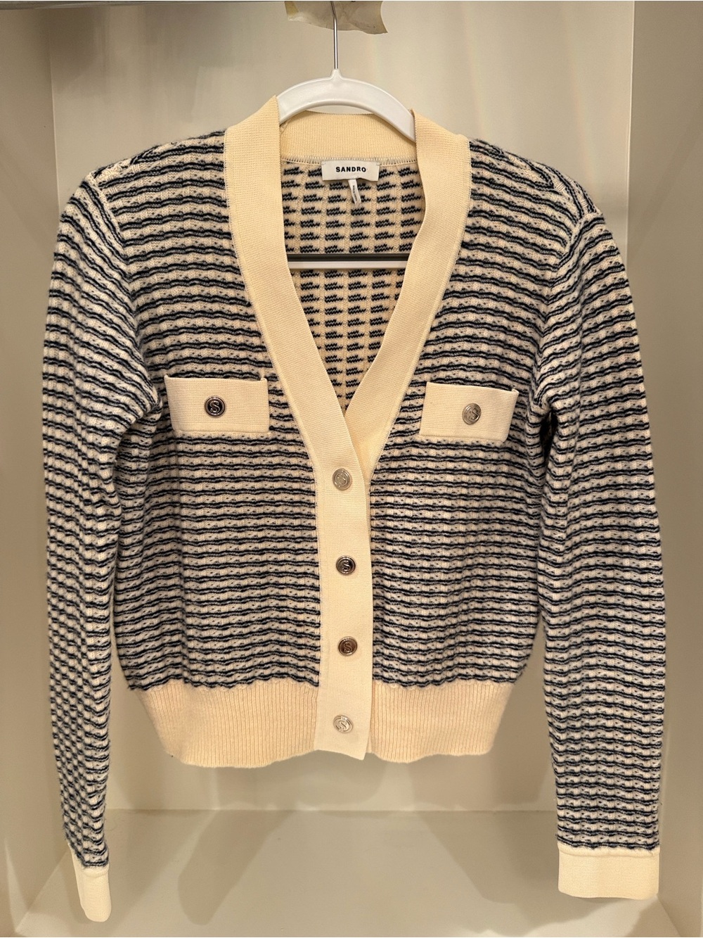 Sandro Navy and Cream Striped Button-Up Cardigan with Silver Buttons